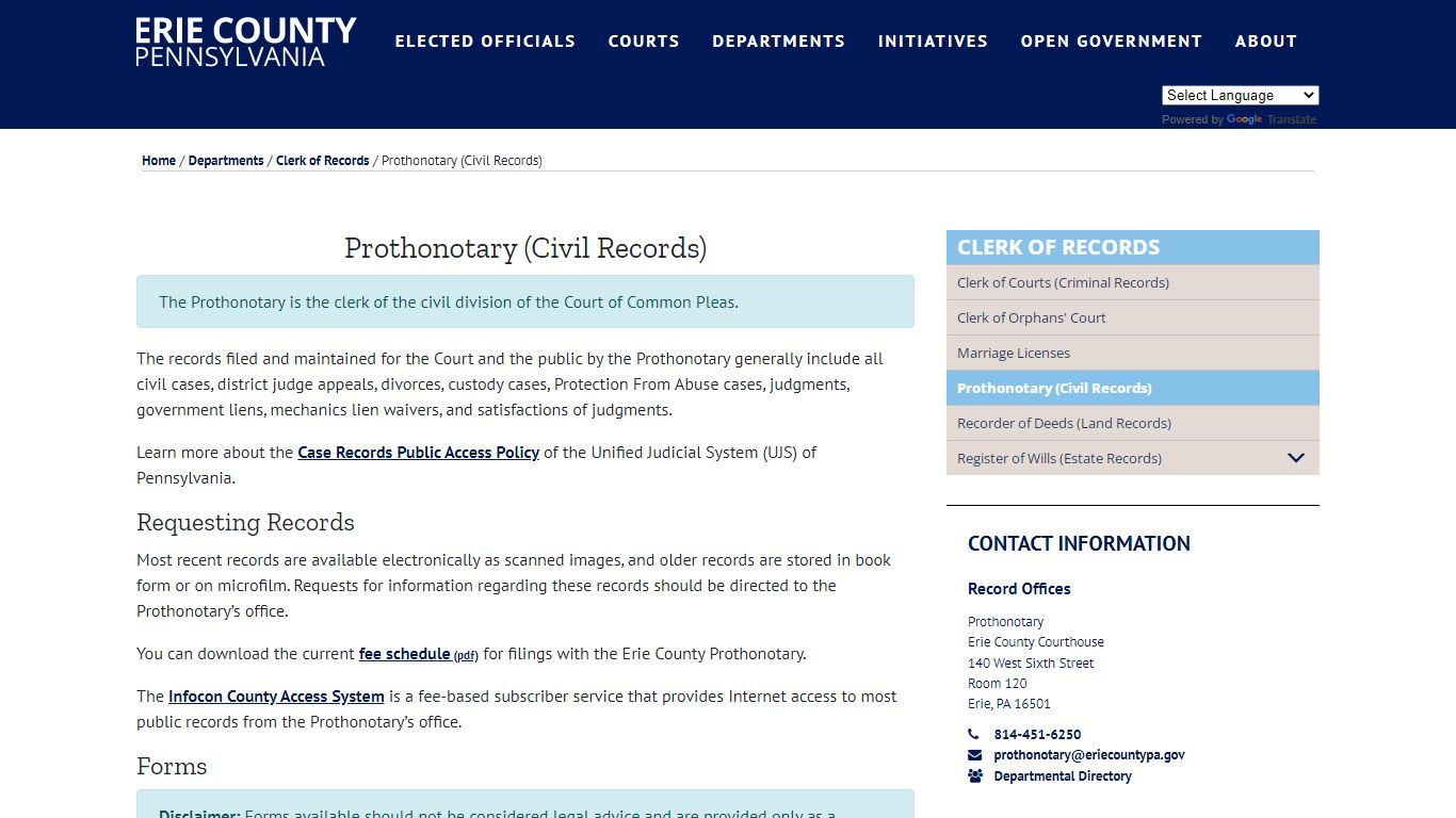 Prothonotary (Civil Records) - Erie County, PA